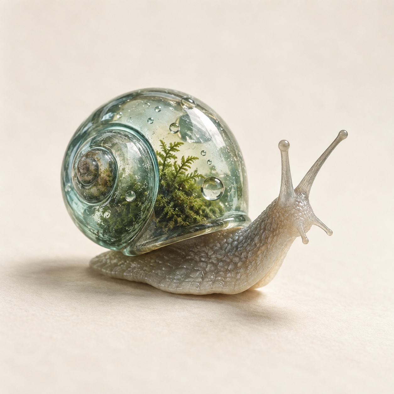 Rain Snail concept: a tiny snail with a translucent rain-glass spiral shell and moss details.